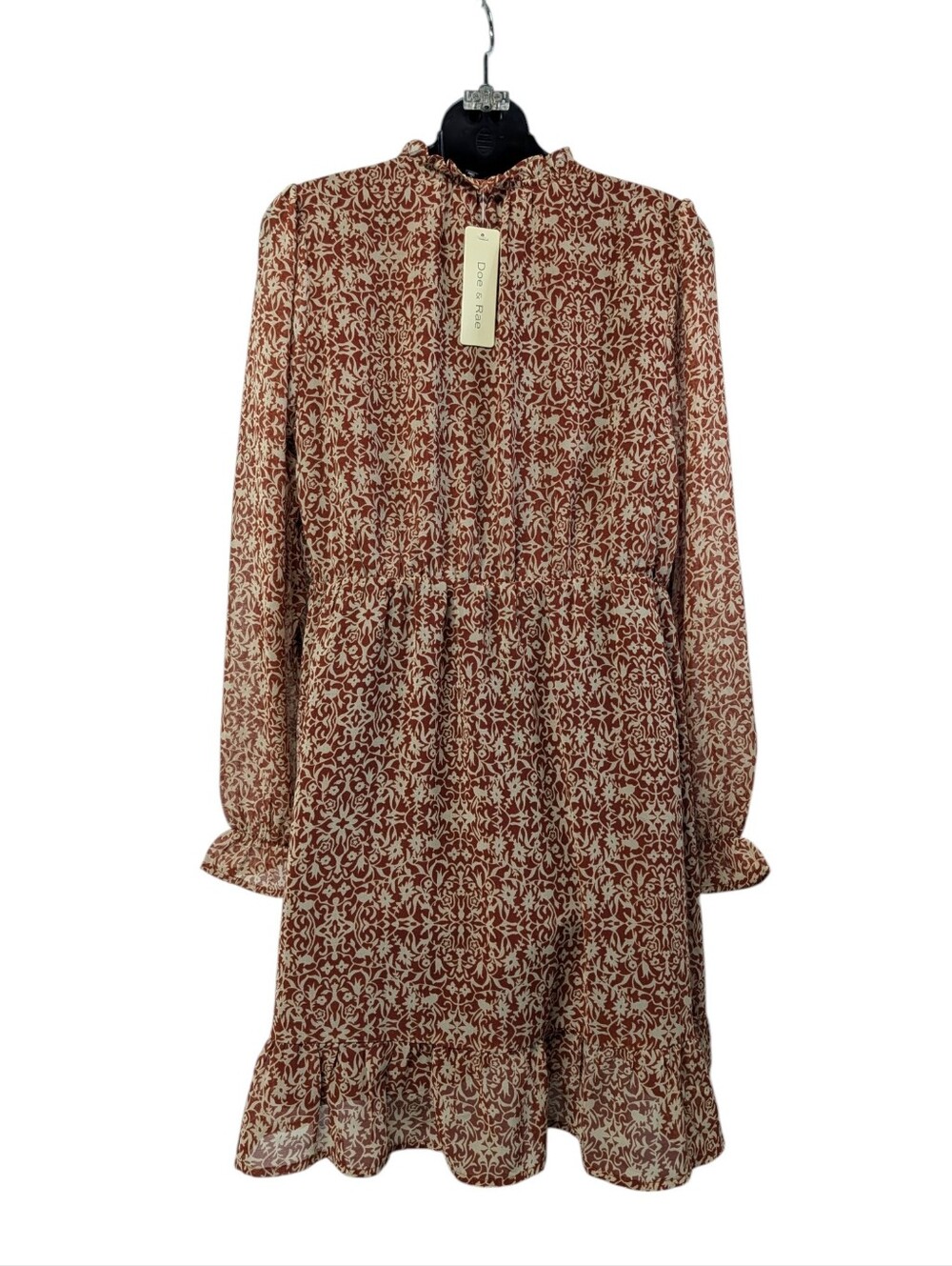 Doe & Rae Rust Floral Print Ruffle Neck Tie Long Sleeve Mini Dress S NWT - Picture 2 of 10